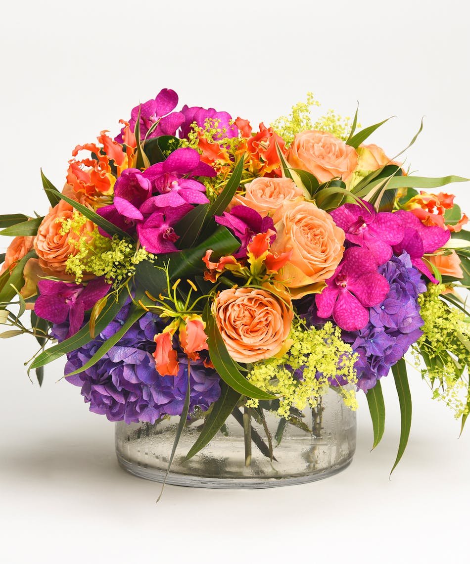 luxury arrangement of orchids, hydrangea and gloriosa lilies