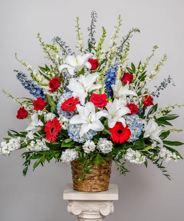 Patriotic Funeral Basket Arrangement | Funeral Flower Delivery ...