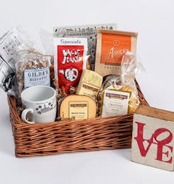 Locally-sourced pretzels and cheese in a square gift basket
