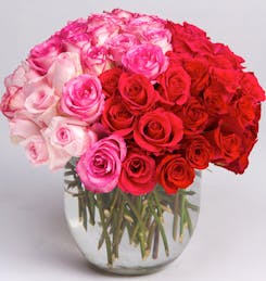 White, pink and red roses in a crystal vase