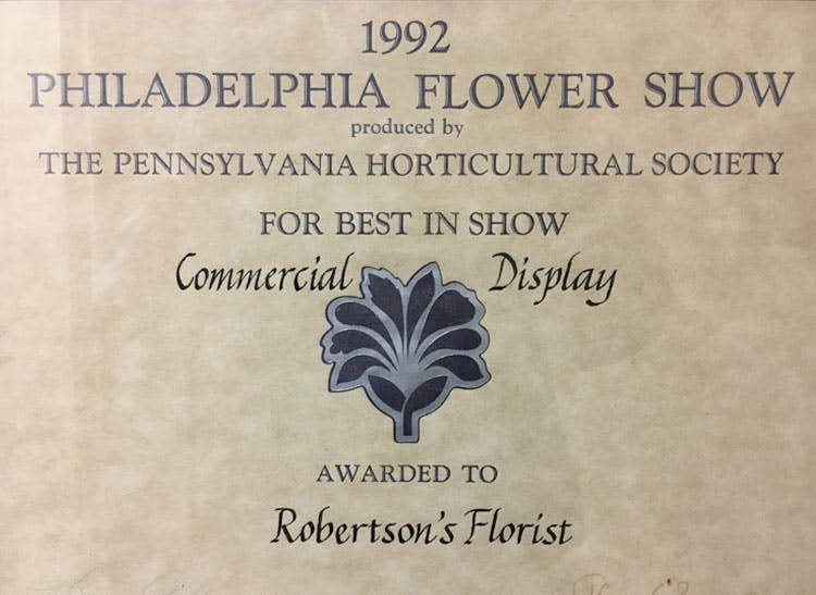 A 1992 certificate pronounces Robertson's Best in Show at the Philadelphia Flower Show